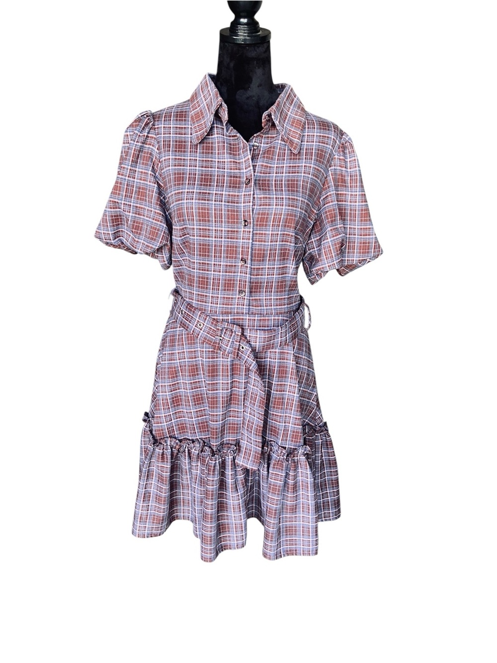 Ivy City Co Pink and White Plaid Button-Up Dress